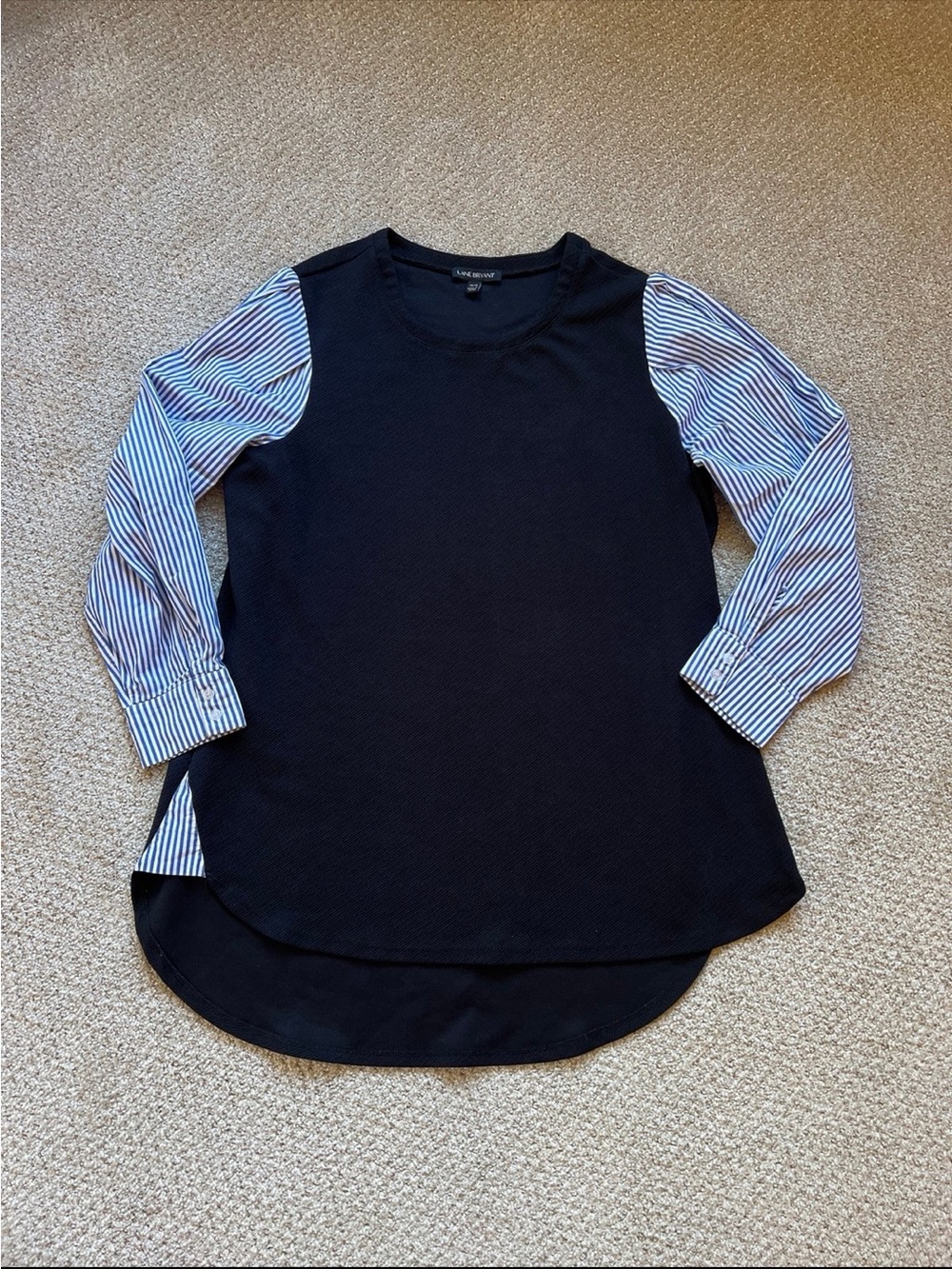 Lane Bryant Black Tunic with Blue-White Striped Sleeves